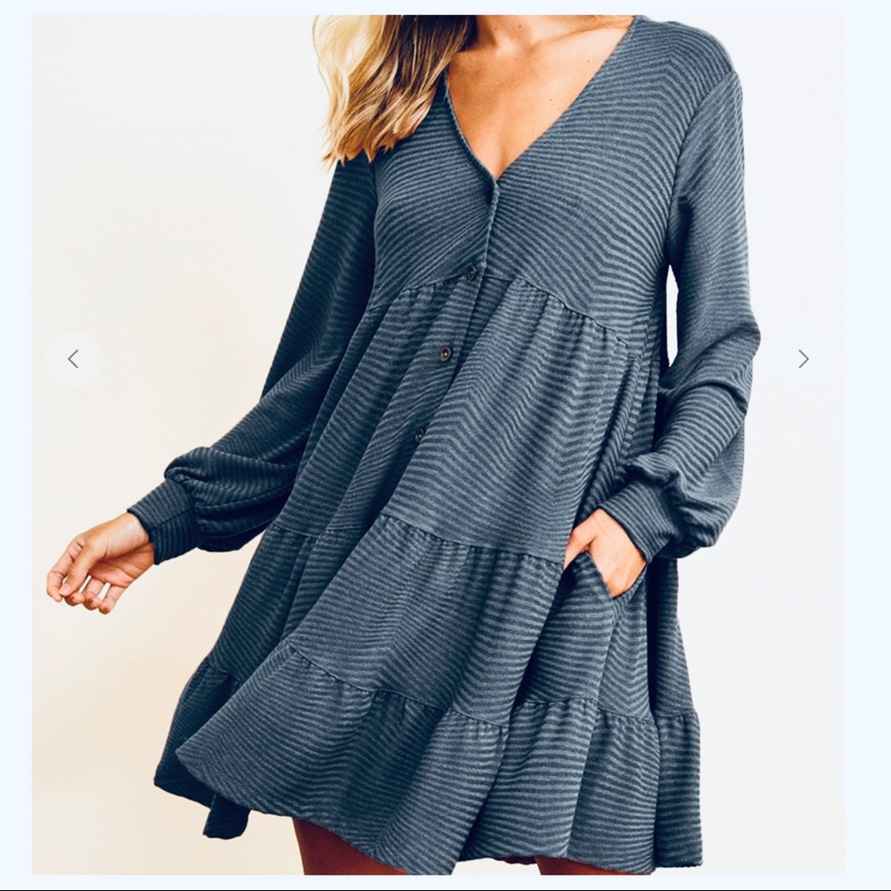 #14 The Perfect Dress! Textured Solid Long Sleeves Tiered Dress - Picture 3 of 3